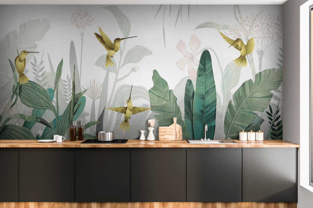 Hummingbirds flying over plants