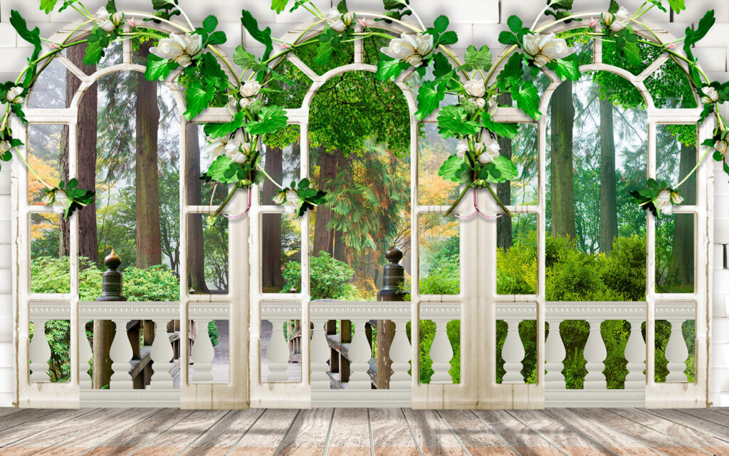 White door with white flowers and green leaves u02341p 1024x640 - White door with white flowers and green leaves - tegory