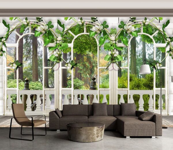 Wall murals White door with white flowers and green leaves Wall murals White door with white flowers and green leaves