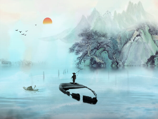 Man standing on a boat in water with mountains and trees u05828p 600x452 - Man standing on a boat in water with mountains and trees - tegory