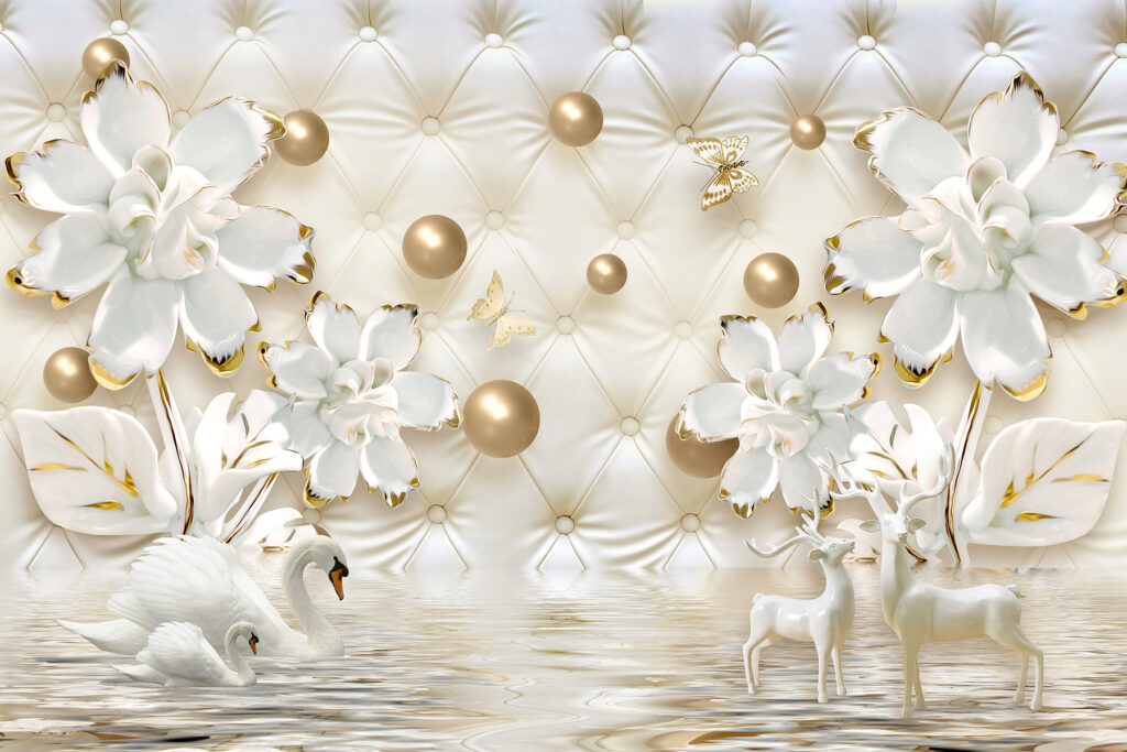 Wallpaper with white flowers and swans Wallpaper with white flowers and swans