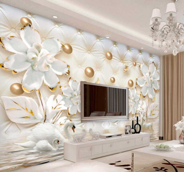 Wallpaper with white flowers and swans Wallpaper with white flowers and swans