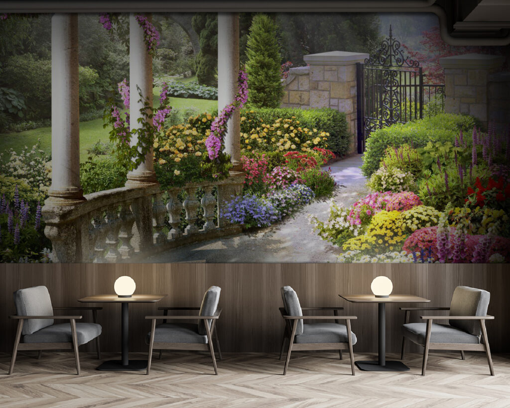 Garden with a gate and flowers