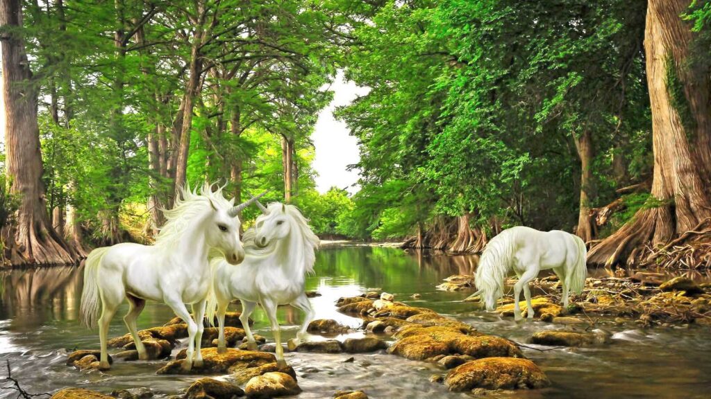 Group of white unicorns in a river u05099p 1024x576 - Group of white unicorns in a river - tegory