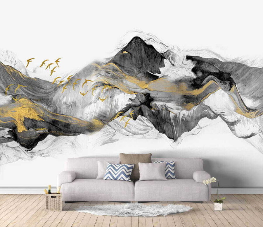 Painting of a mountain with birds flying