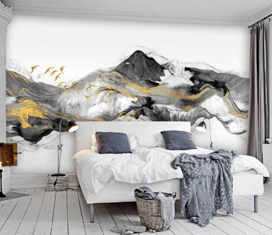 Painting of a mountain with birds flying