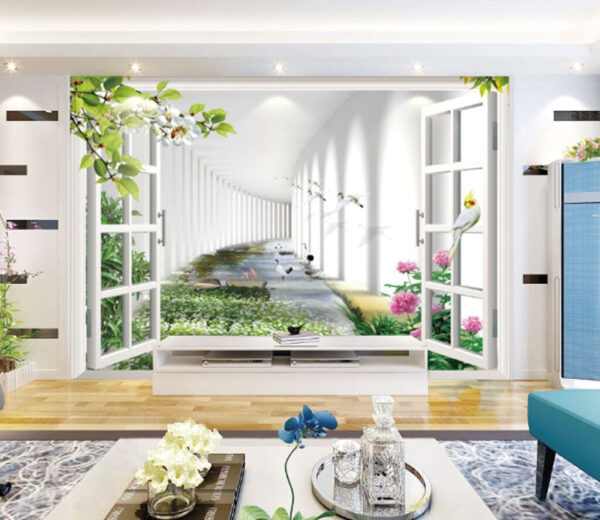 Wall murals Window with a view of a pond and flowers Wall murals Window with a view of a pond and flowers