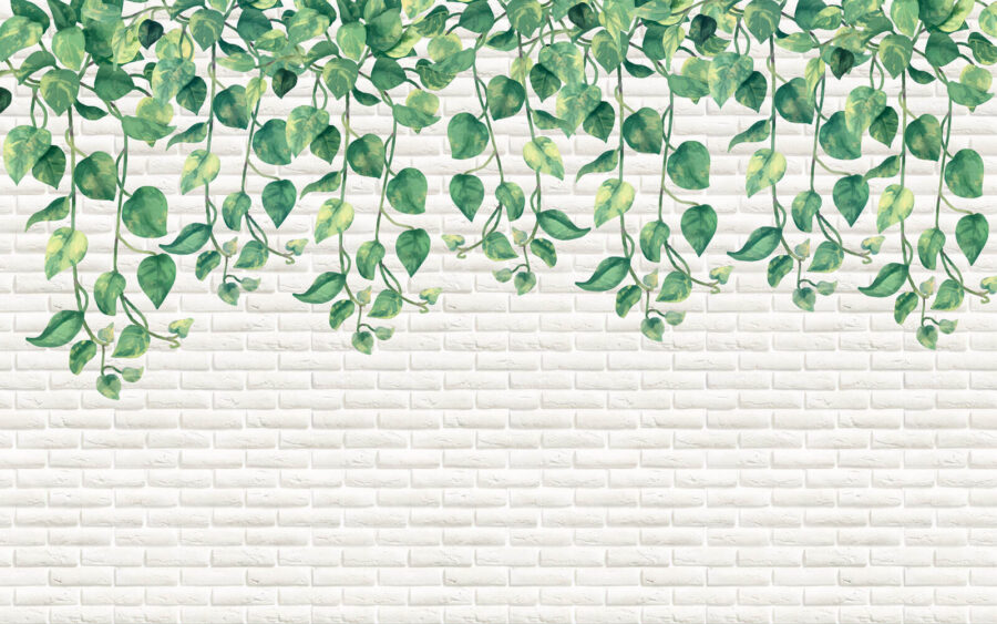 White brick wall with green leaves