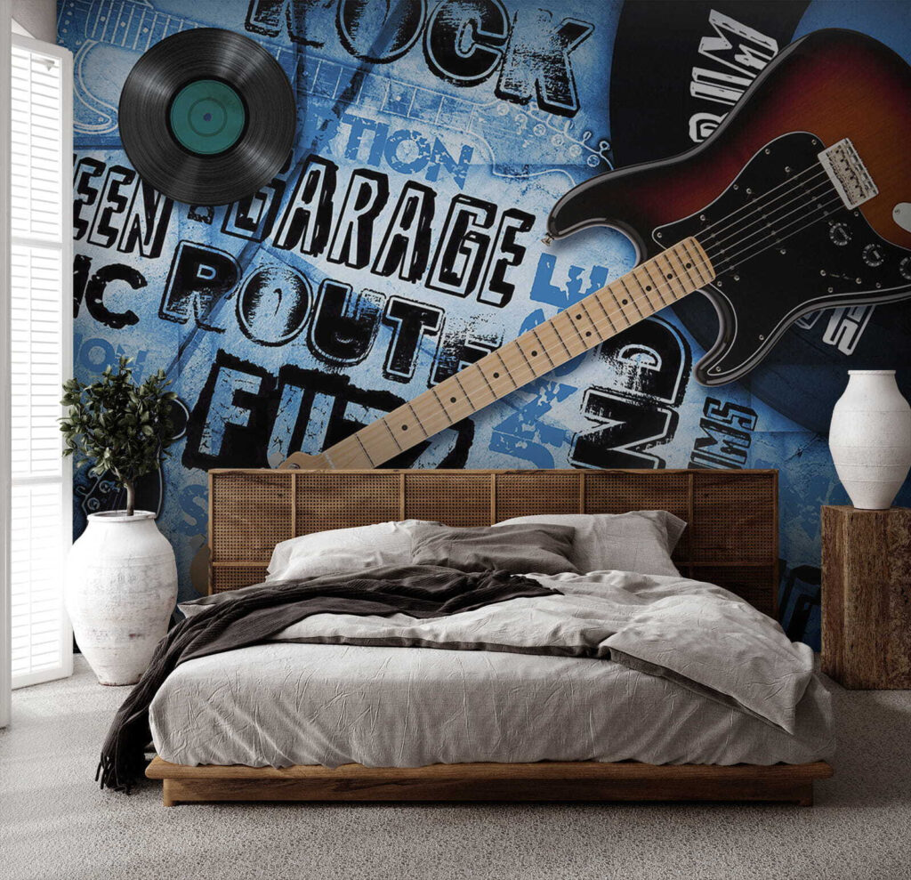 Guitar and record on a blue background Guitar and record on a blue background