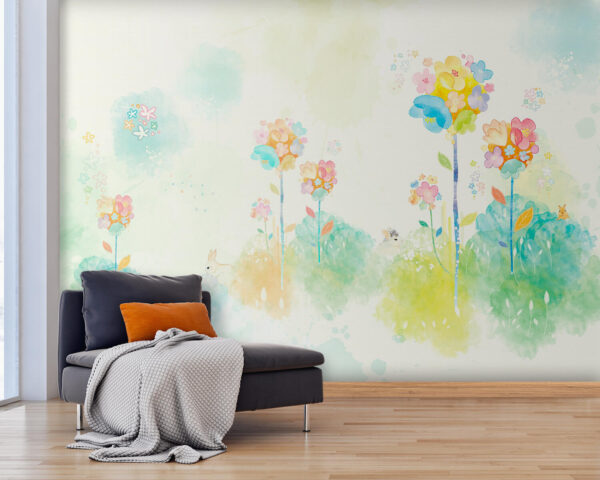 Wall murals Watercolor painting of flowers and rabbits