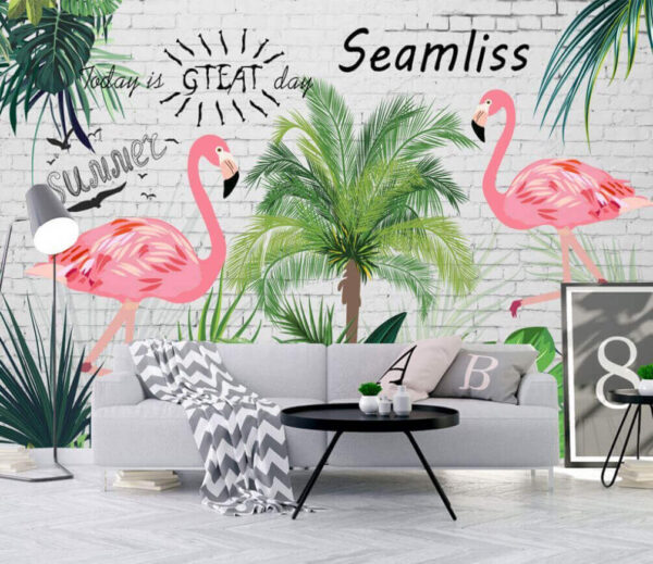 Wall with flamingos and palm trees u07340pig1m 600x519 - Wall with flamingos and palm trees - tegory