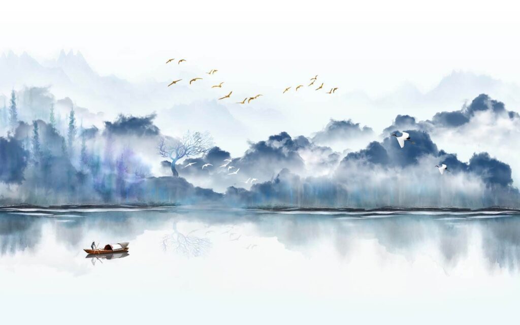 Painting of a boat in the water with birds flying in the sky u07345p 1024x640 - Painting of a boat in the water with birds flying in the sky - tegory