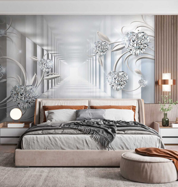 White hallway with diamonds and flowers