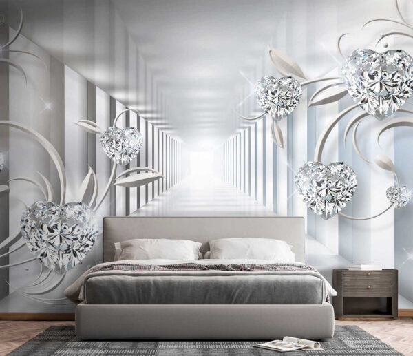 White hallway with diamonds and flowers