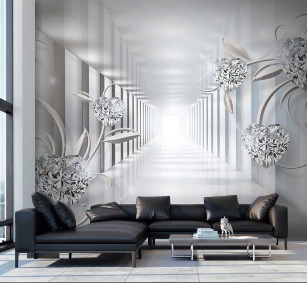 White hallway with diamonds and flowers