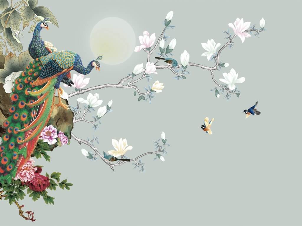 Bird on a branch with flowers and birds u09915p - Bird on a branch with flowers and birds - tegory