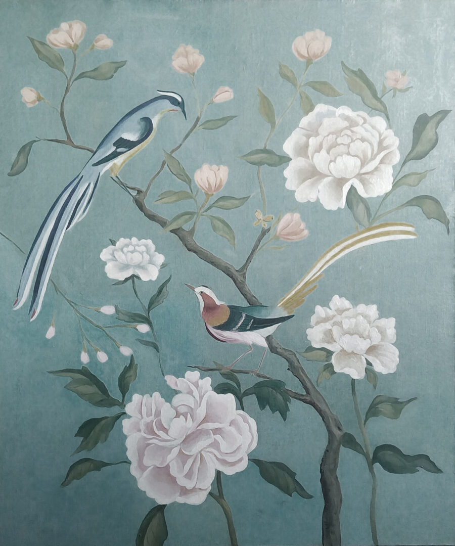 Painting of birds on a branch with flowers