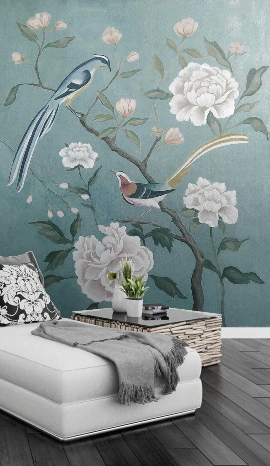 Painting of birds on a branch with flowers