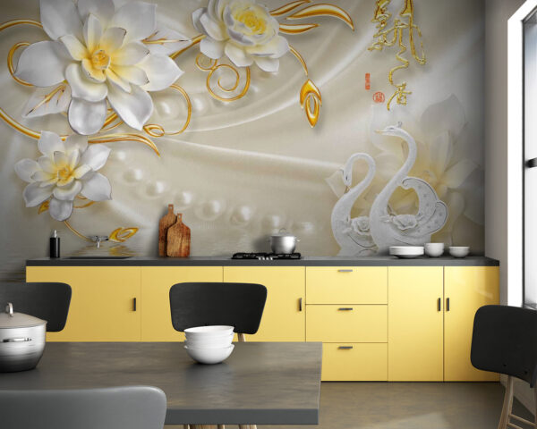 Wallpaper with swans and flowers