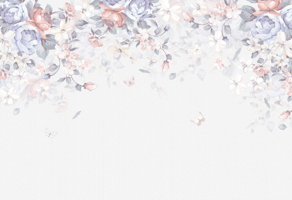 White background with flowers and butterflies White background with flowers and butterflies
