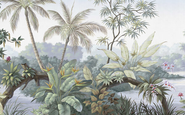 A mural of a forest with trees and water A mural of a forest with trees and water