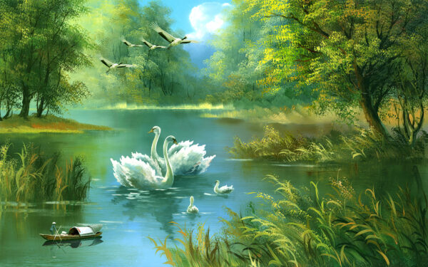 Group of swans swimming in a lake Group of swans swimming in a lake