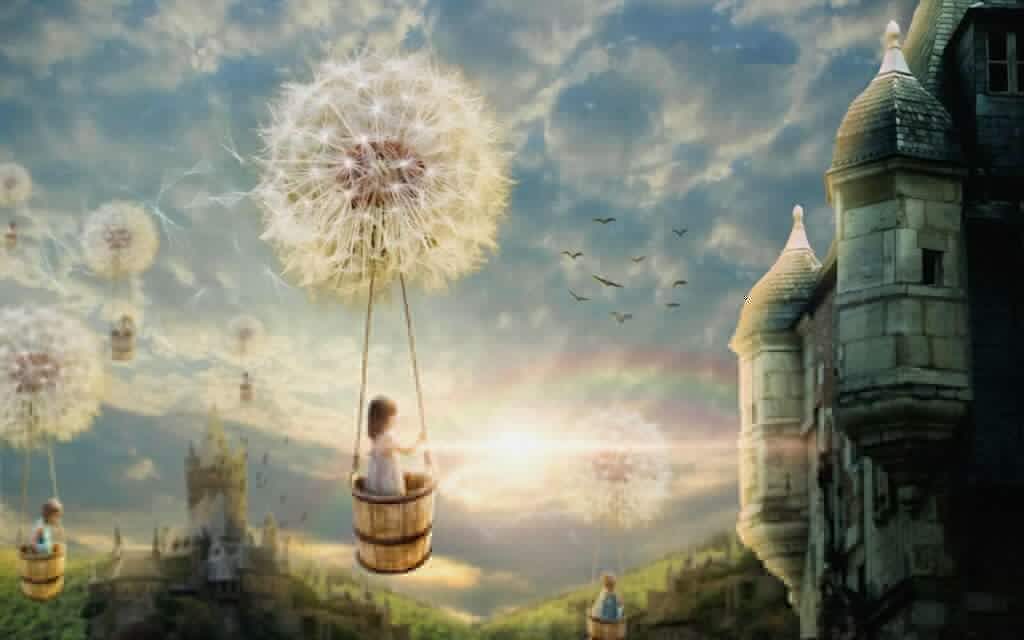 Girl in a basket on a swing with a dandelion in the sky u16580p 1024x640 - Girl in a basket on a swing with a dandelion in the sky - tegory
