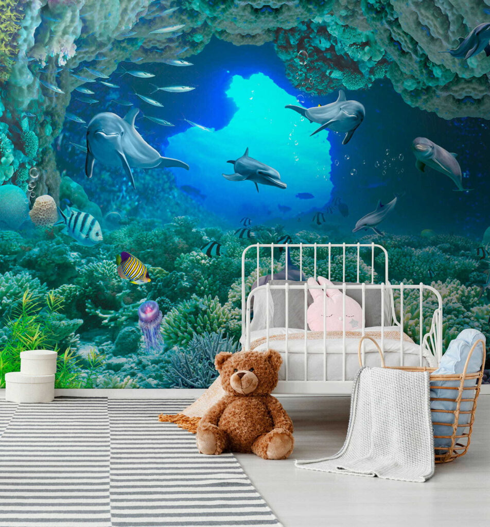 Group of dolphins and fish under water Group of dolphins and fish under water