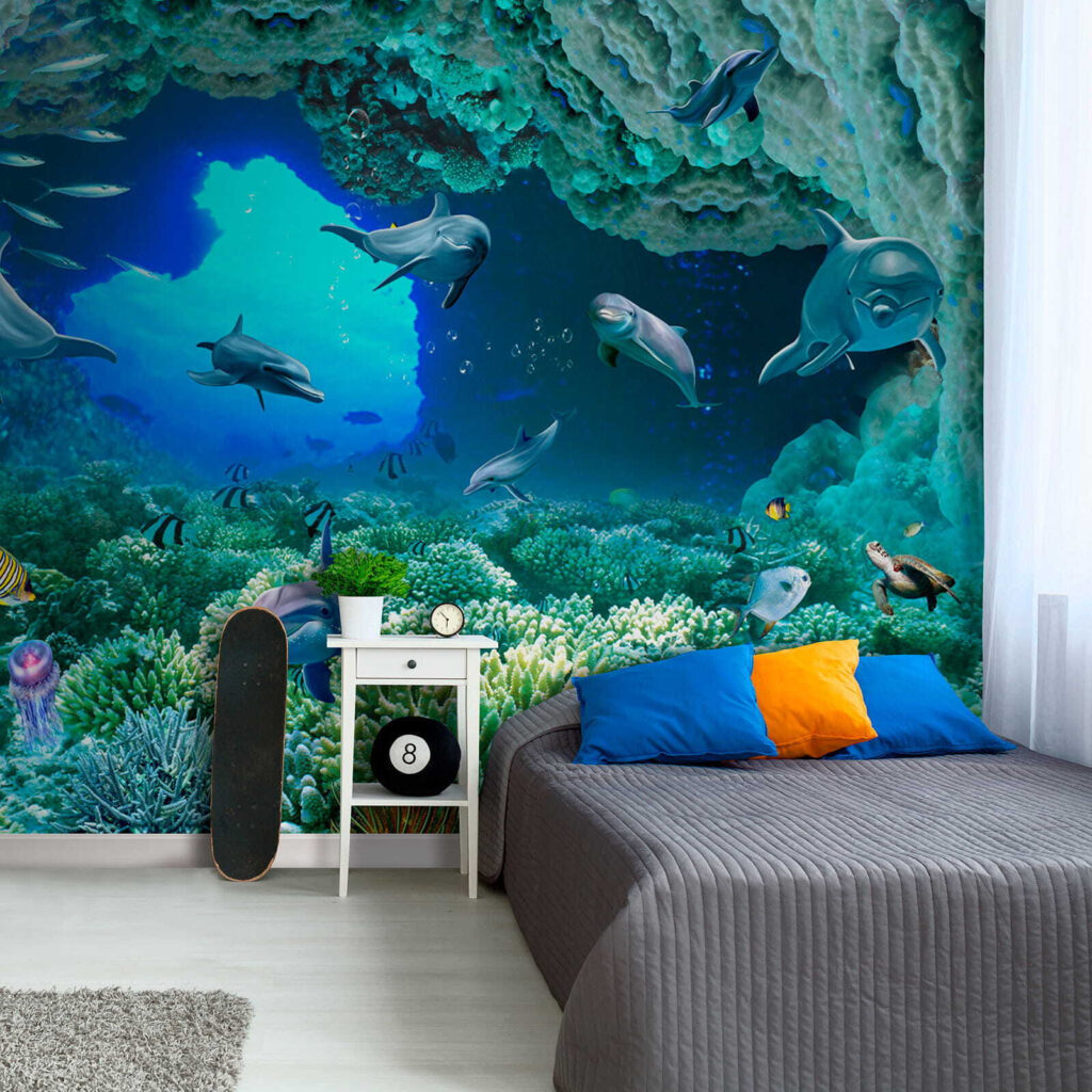 Group of dolphins and fish under water Group of dolphins and fish under water