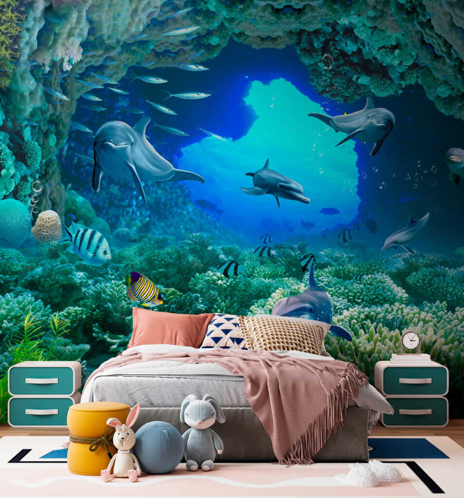 Group of dolphins and fish under water Group of dolphins and fish under water