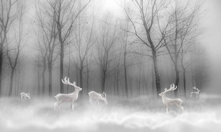 Group of white deer in a foggy forest