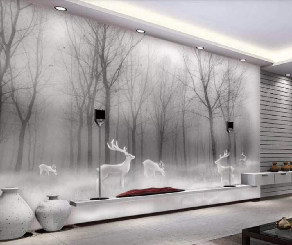 u19701pig1m - Group of white deer in a foggy forest - tegory