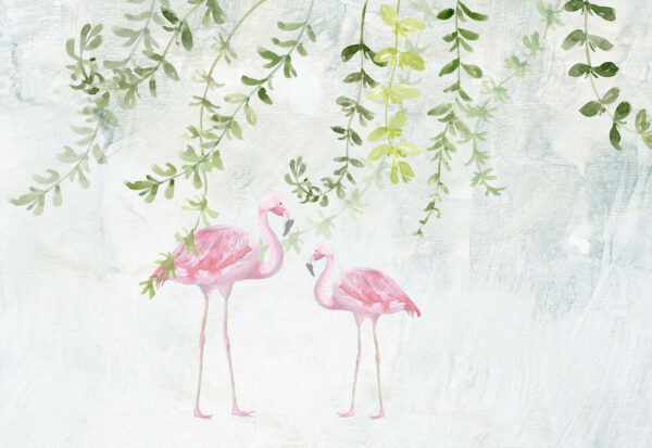 Two pink flamingos with green leaves u19802p 600x413 - Two pink flamingos with green leaves - tegory