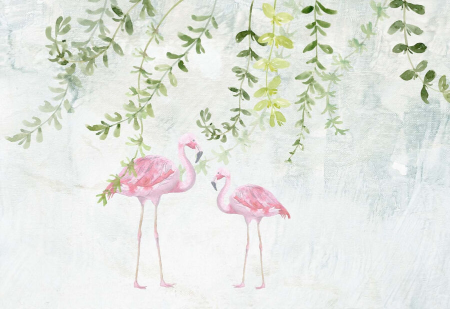 Two pink flamingos with green leaves