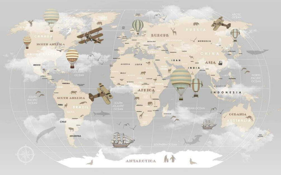 Map of the world with airplanes and hot air balloons