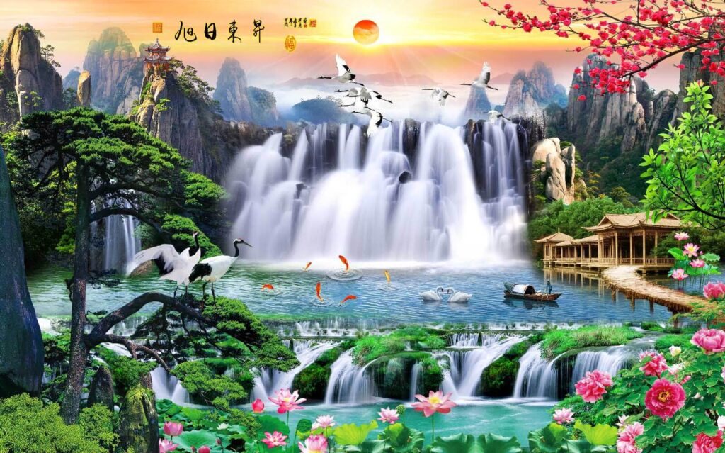 Waterfall with birds and flowers u23287p 1024x639 - Waterfall with birds and flowers - tegory