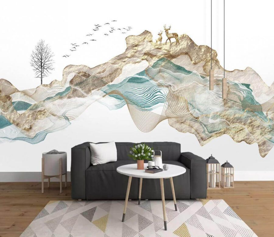 Painting of a mountain with birds flying around