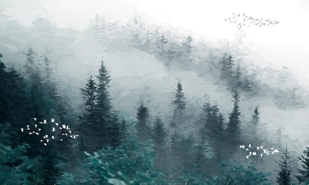 Foggy forest with birds flying u23921p 1024x614 - Foggy forest with birds flying - tegory