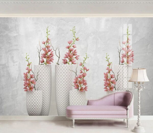 Group of white vases with pink flowers