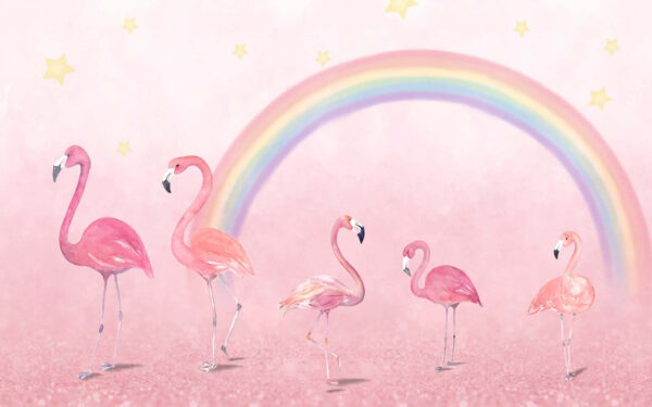 Group of flamingos with a rainbow Group of flamingos with a rainbow