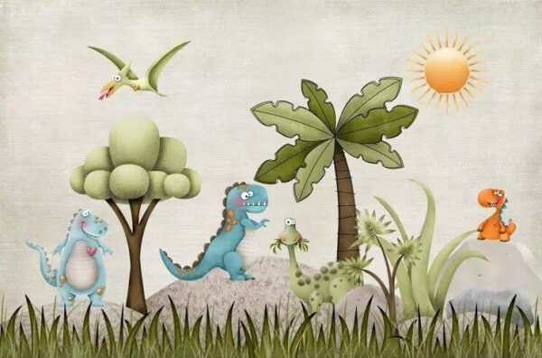 Cartoon dinosaur in a field