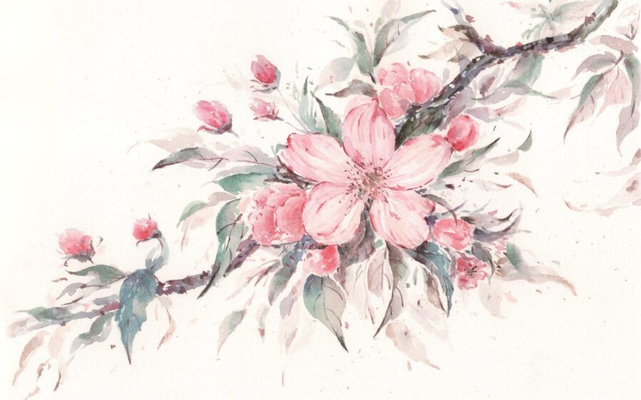 Painting of pink flowers on a branch