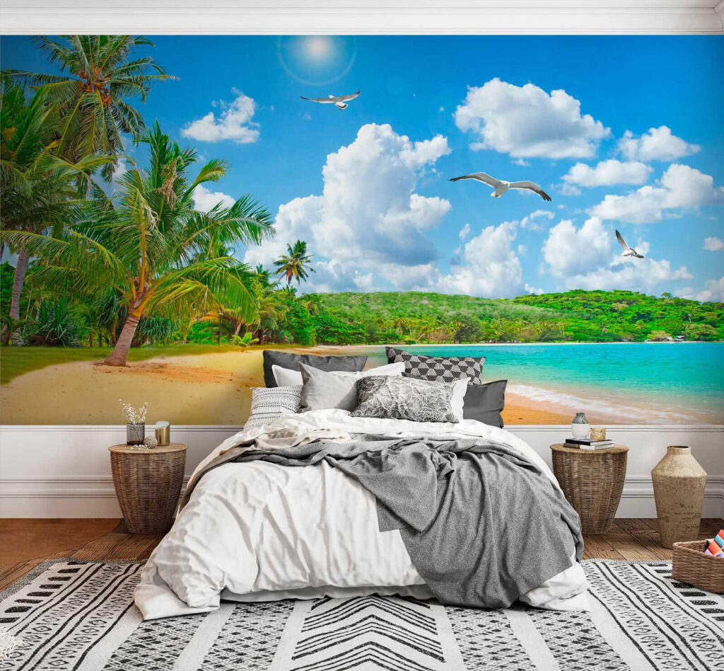 Beach with palm trees and a body of water