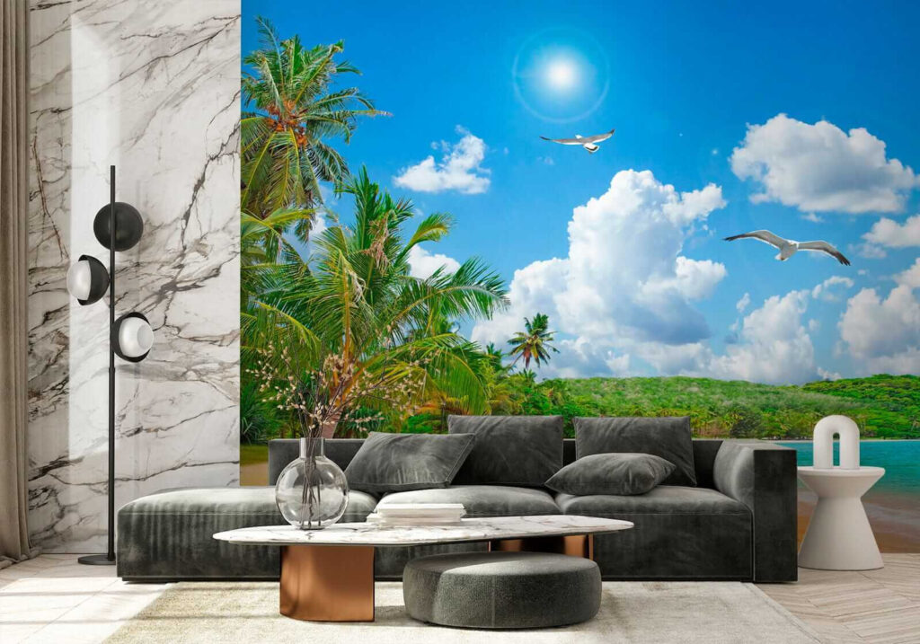 Beach with palm trees and a body of water