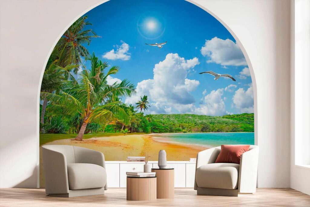 Beach with palm trees and a body of water