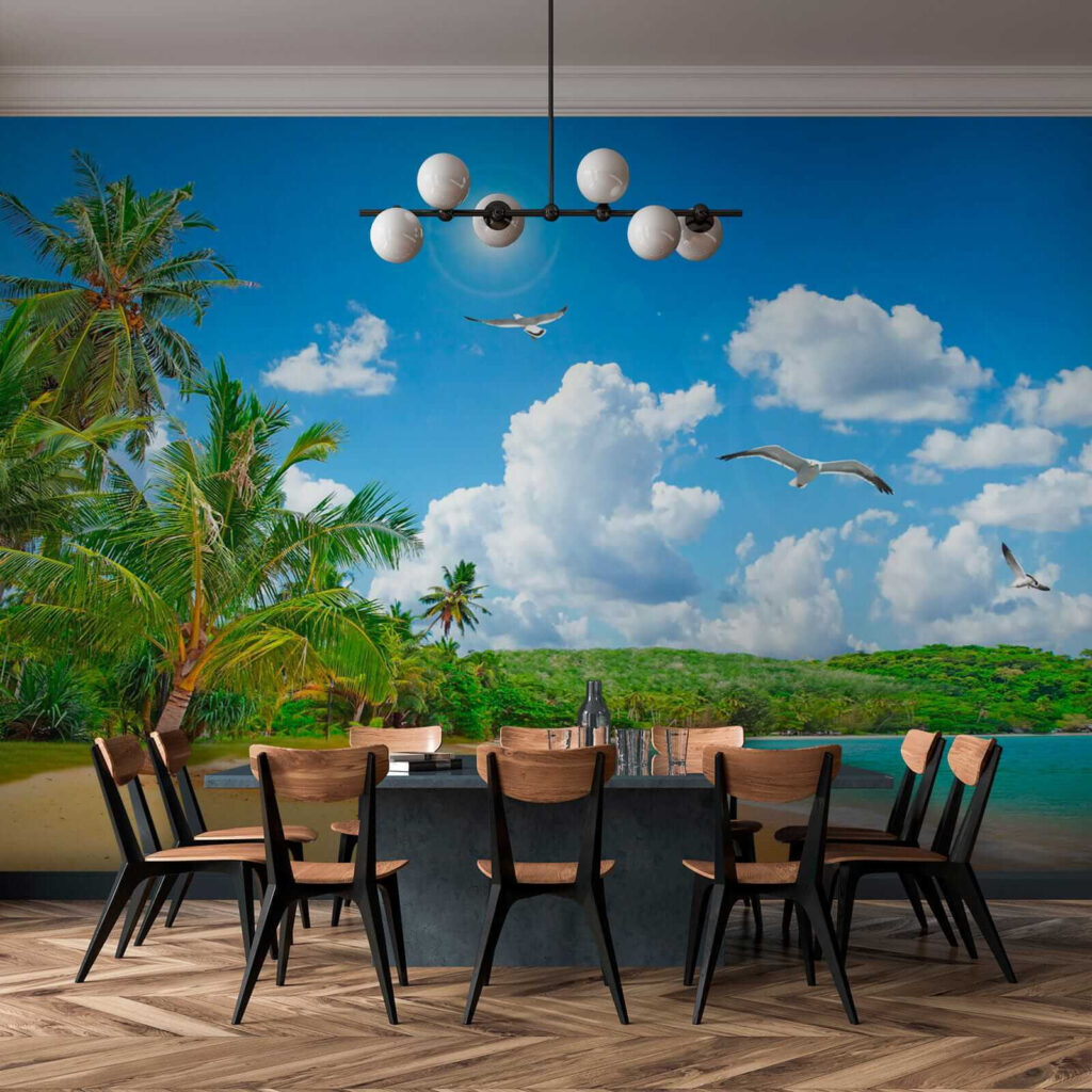 Beach with palm trees and a body of water