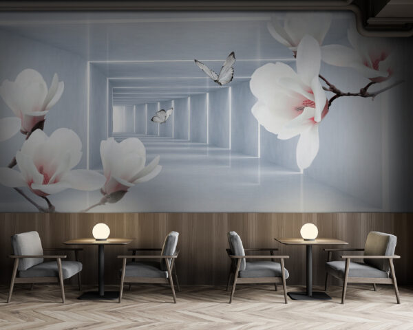 White flowers and butterflies in a room