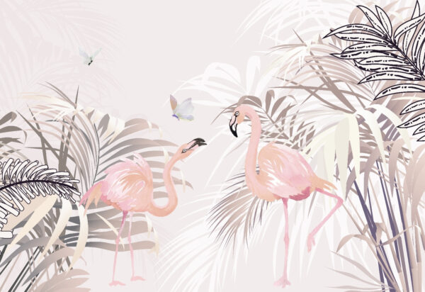 Pink flamingos and butterflies in a tropical garden Pink flamingos and butterflies in a tropical garden