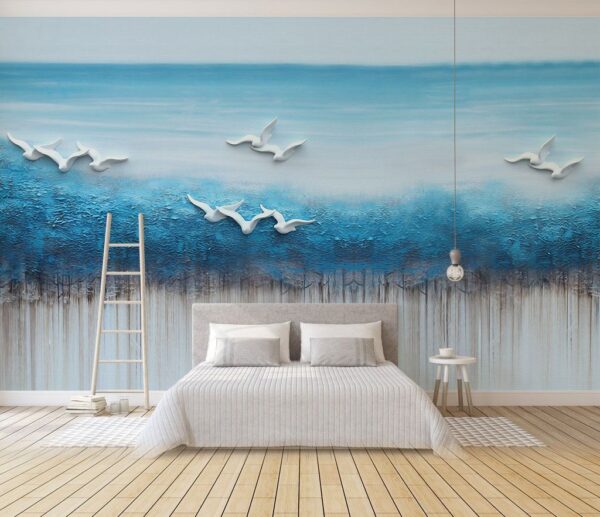 Painting of birds flying over a blue ocean