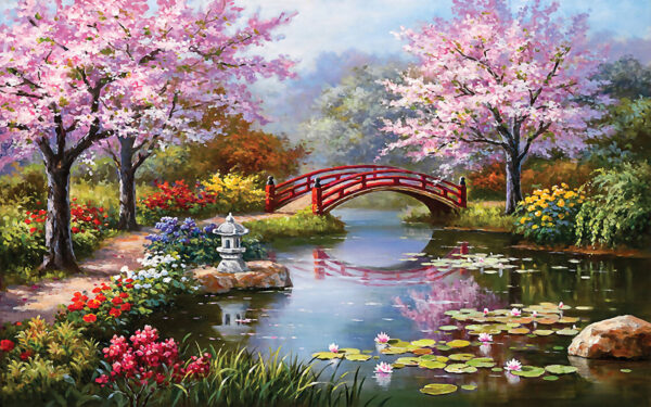 Painting of a pond with a bridge and flowers u35418p 600x375 - Painting of a pond with a bridge and flowers